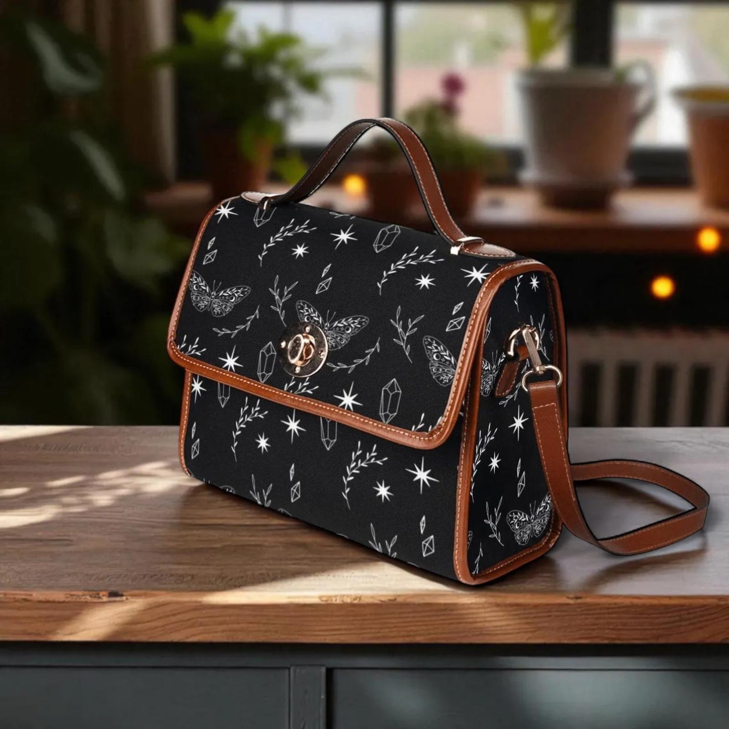 Celestial Moth Crossbody Bag, Witchy Black Purse with Crystal and Star Symbol Print