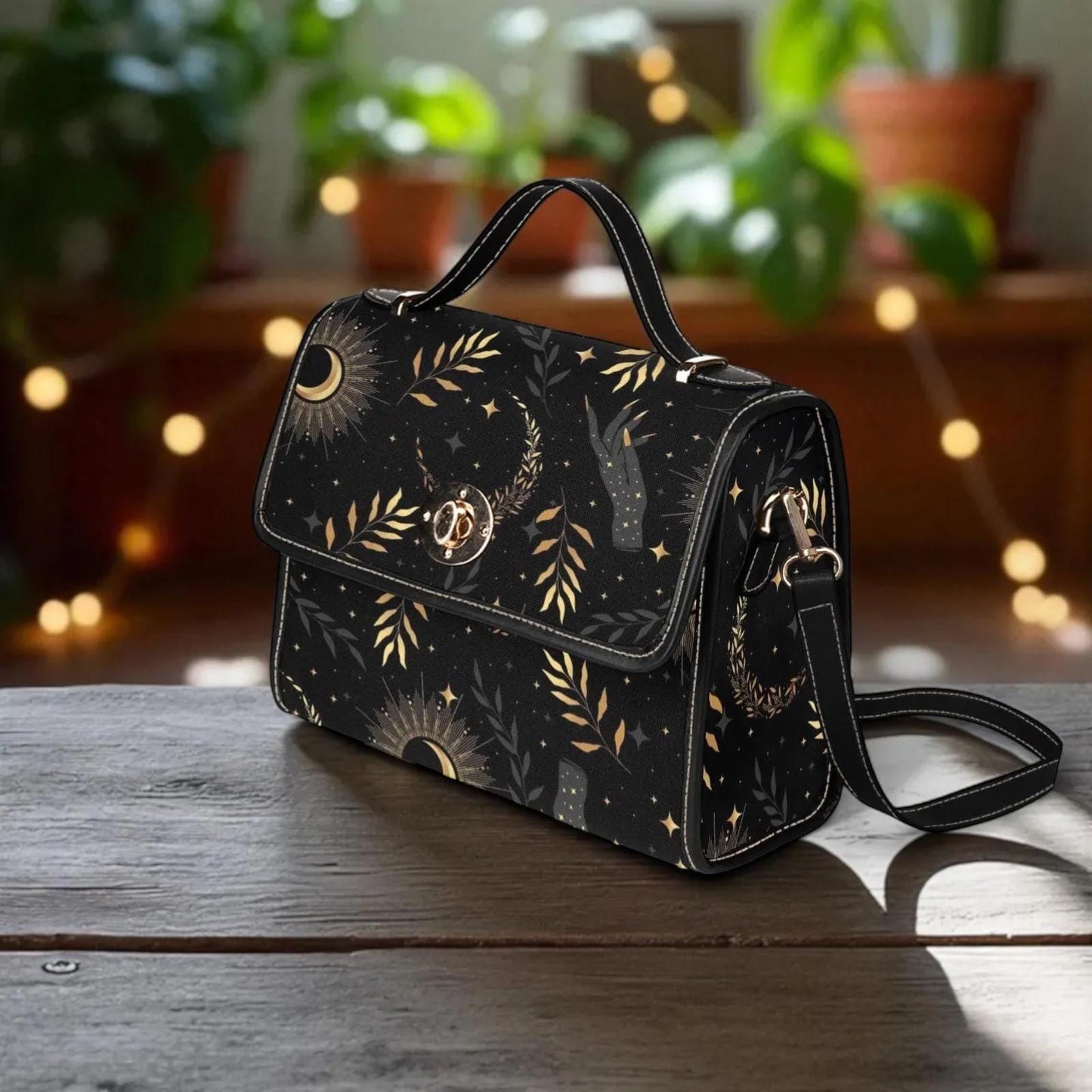 Celestial Moon Satchel Bag with Gold Botanical Night Print