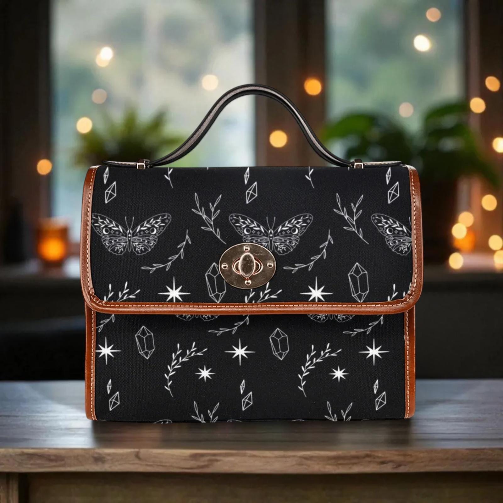 Celestial Moth Crossbody Bag, Witchy Black Purse with Crystal and Star Symbol Print