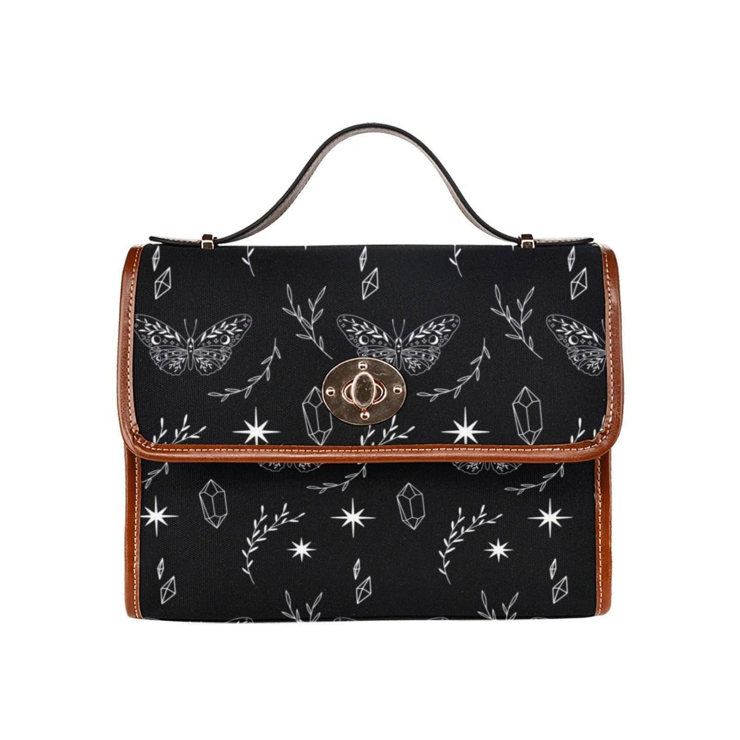Celestial Moth Crossbody Bag, Witchy Black Purse with Crystal and Star Symbol Print