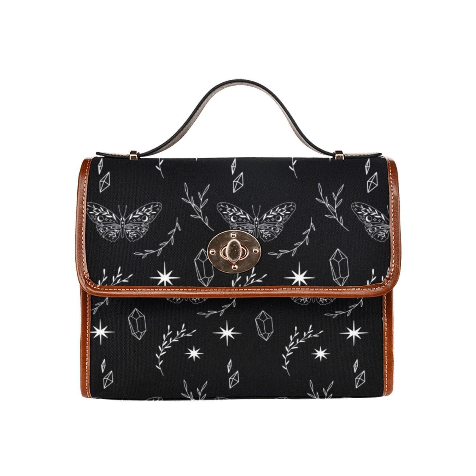 Celestial Moth Crossbody Bag, Witchy Black Purse with Crystal and Star Symbol Print