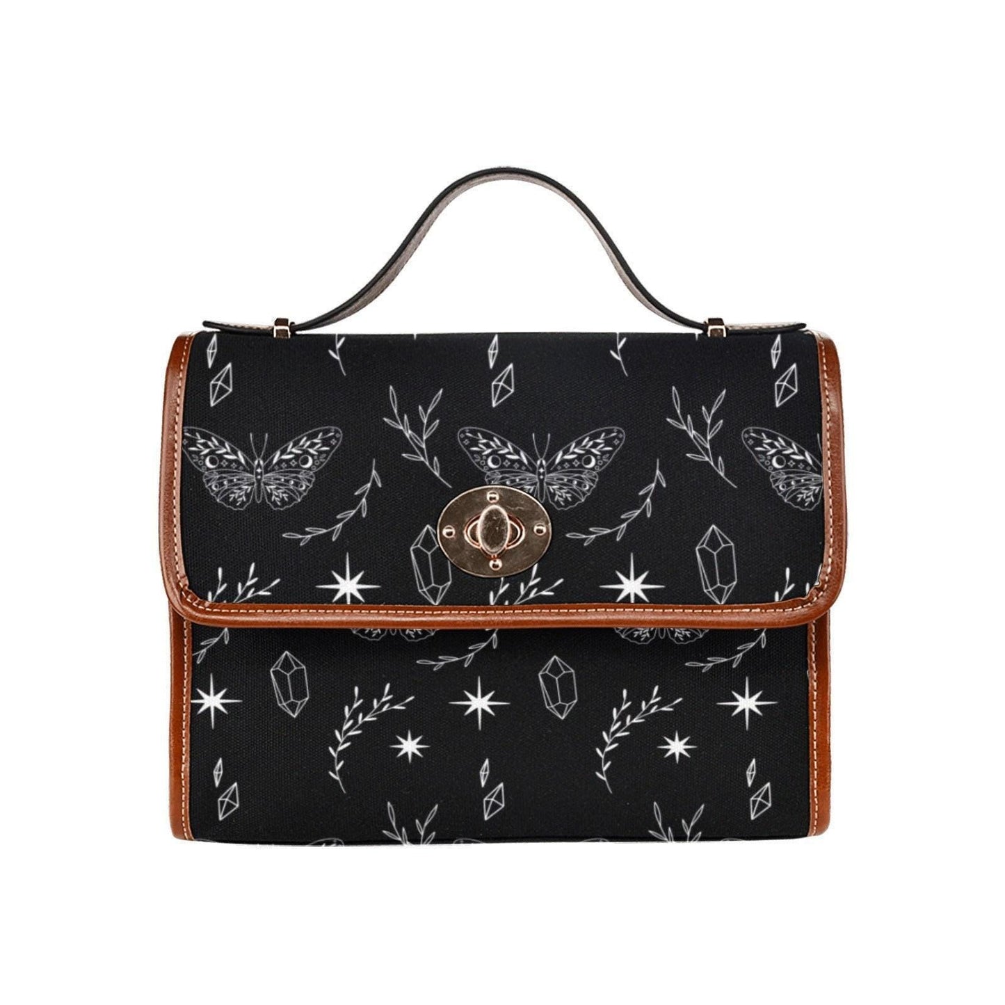 Celestial Moth Crossbody Bag, Witchy Black Purse with Crystal and Star Print, Occult Minimalist Tote
