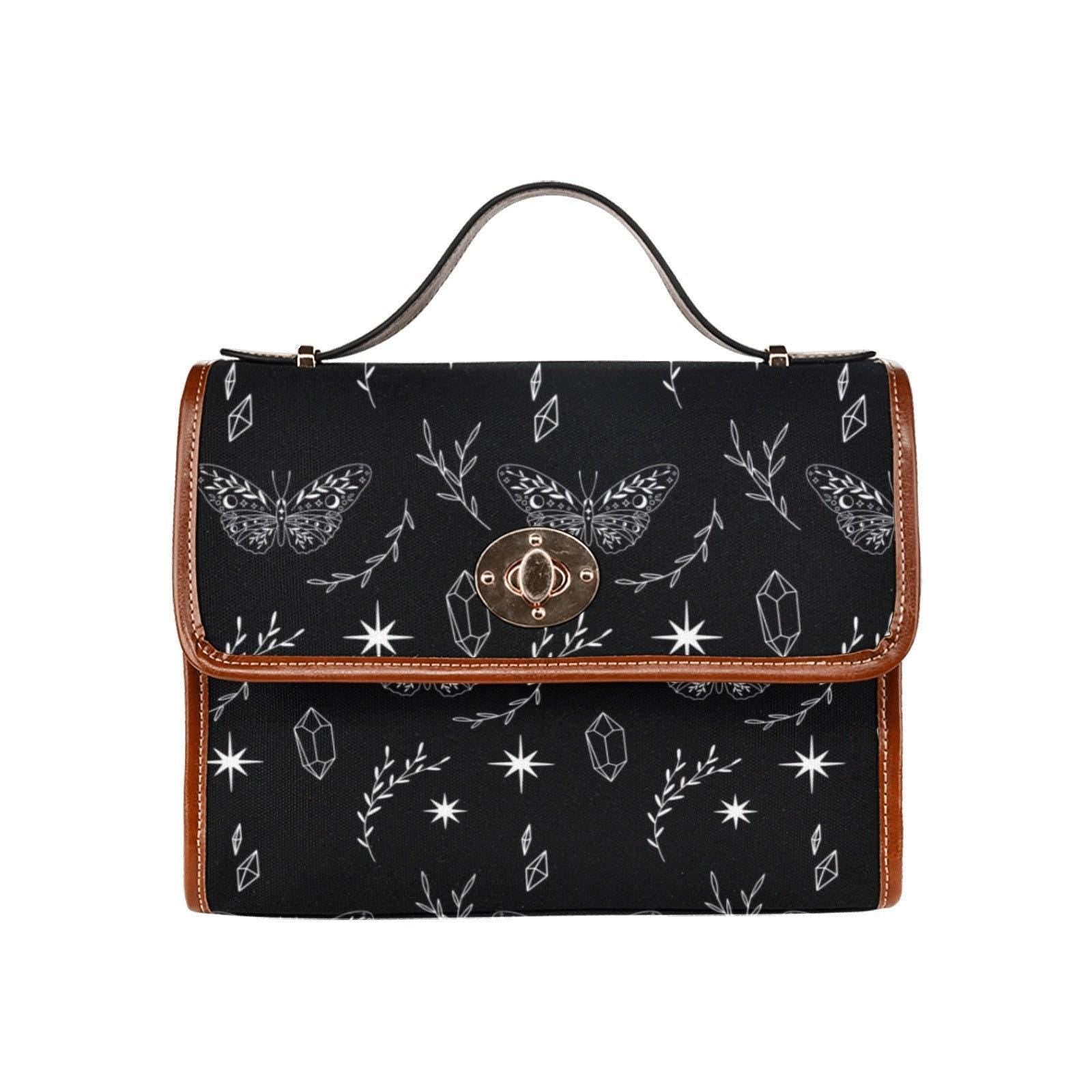 Celestial Moth Crossbody Bag, Witchy Black Purse with Crystal and Star Print, Occult Minimalist Tote