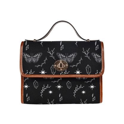 Celestial Moth Crossbody Bag, Witchy Black Purse with Crystal and Star Print, Occult Minimalist Tote