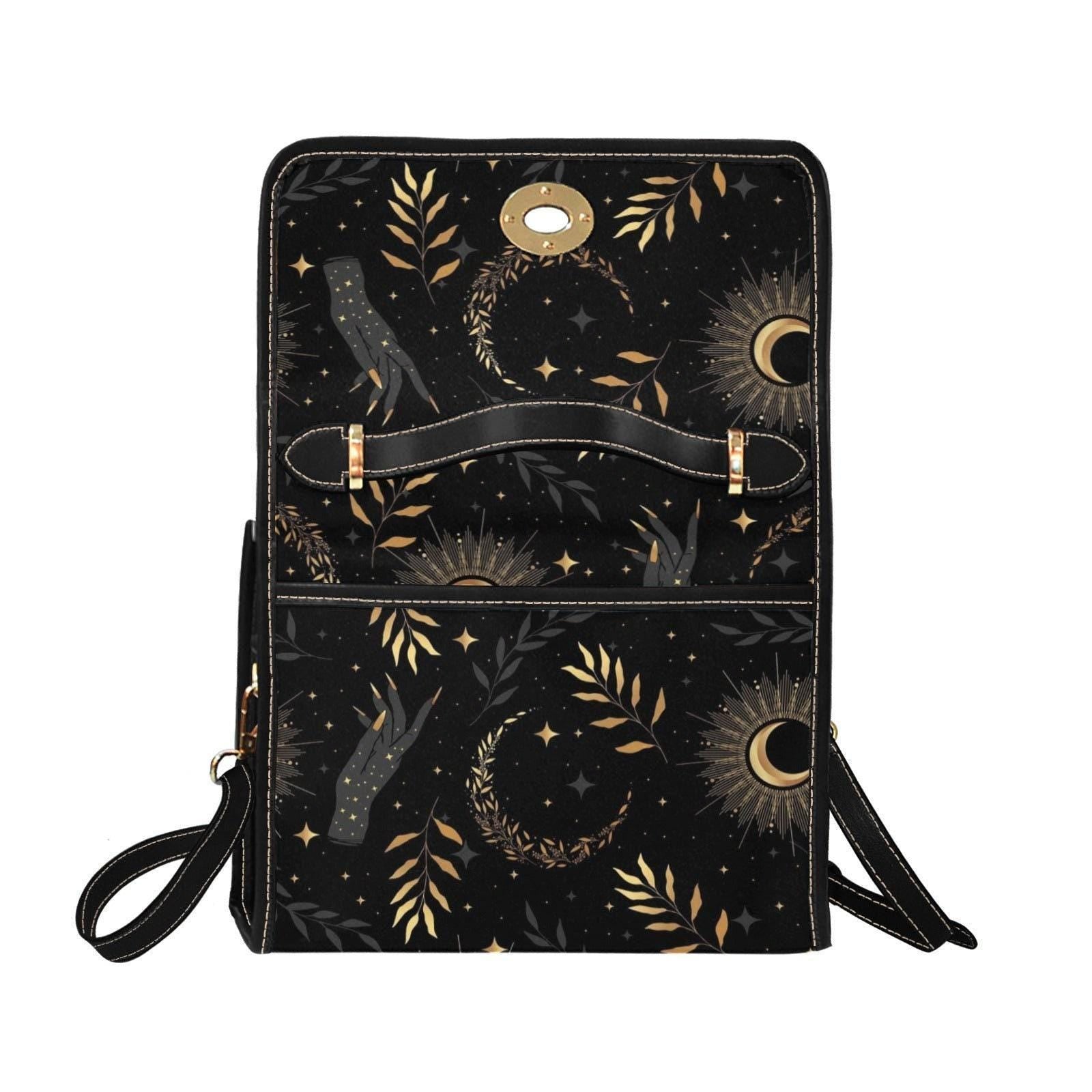 Celestial Moon Satchel Bag with Gold Botanical Night Print