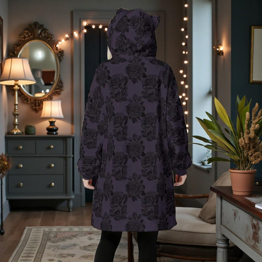 Purple Rose Dark Hoodie Blanket with Cat Ear Hood