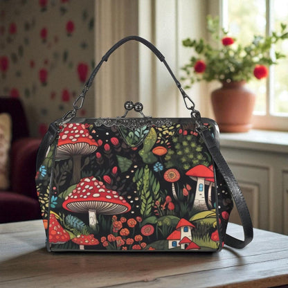 Enchanted mushroom print handbag, fairy forest clasp purse, woodland cottage shoulder bag
