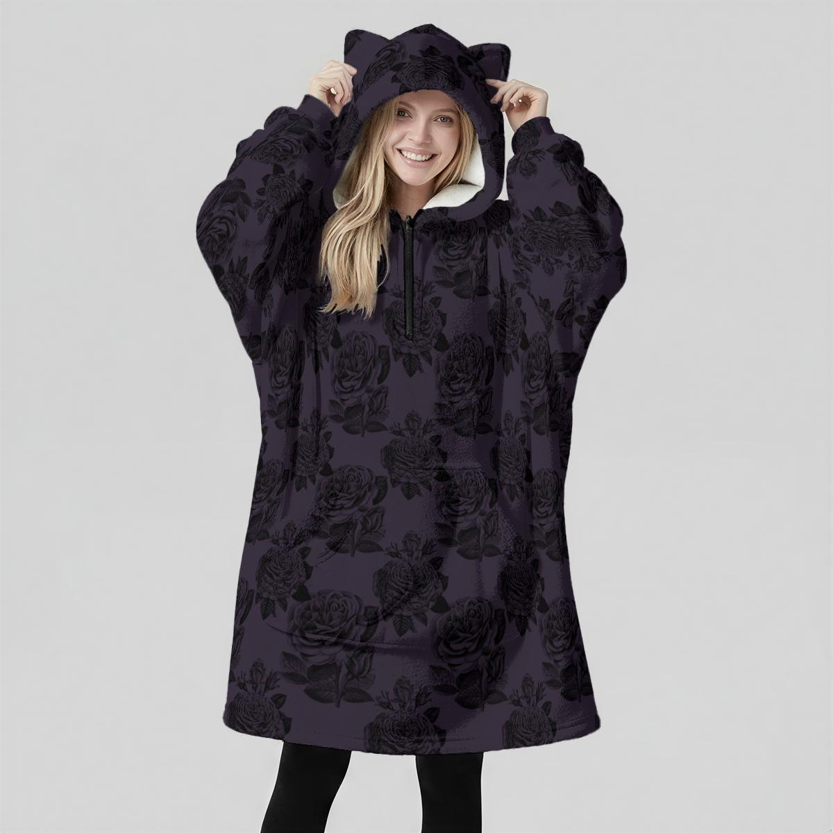 Purple Rose Gothic Hoodie Blanket with Cat Ear Hood, Oversized Fleece Cozy Wear, Dark Floral Fashion