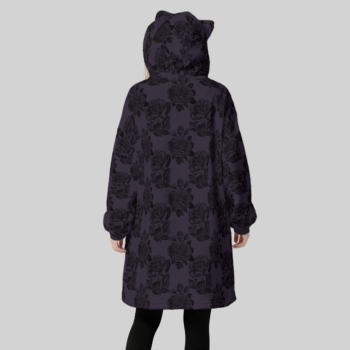 Purple Rose Gothic Hoodie Blanket with Cat Ear Hood, Oversized Fleece Cozy Wear, Dark Floral Fashion