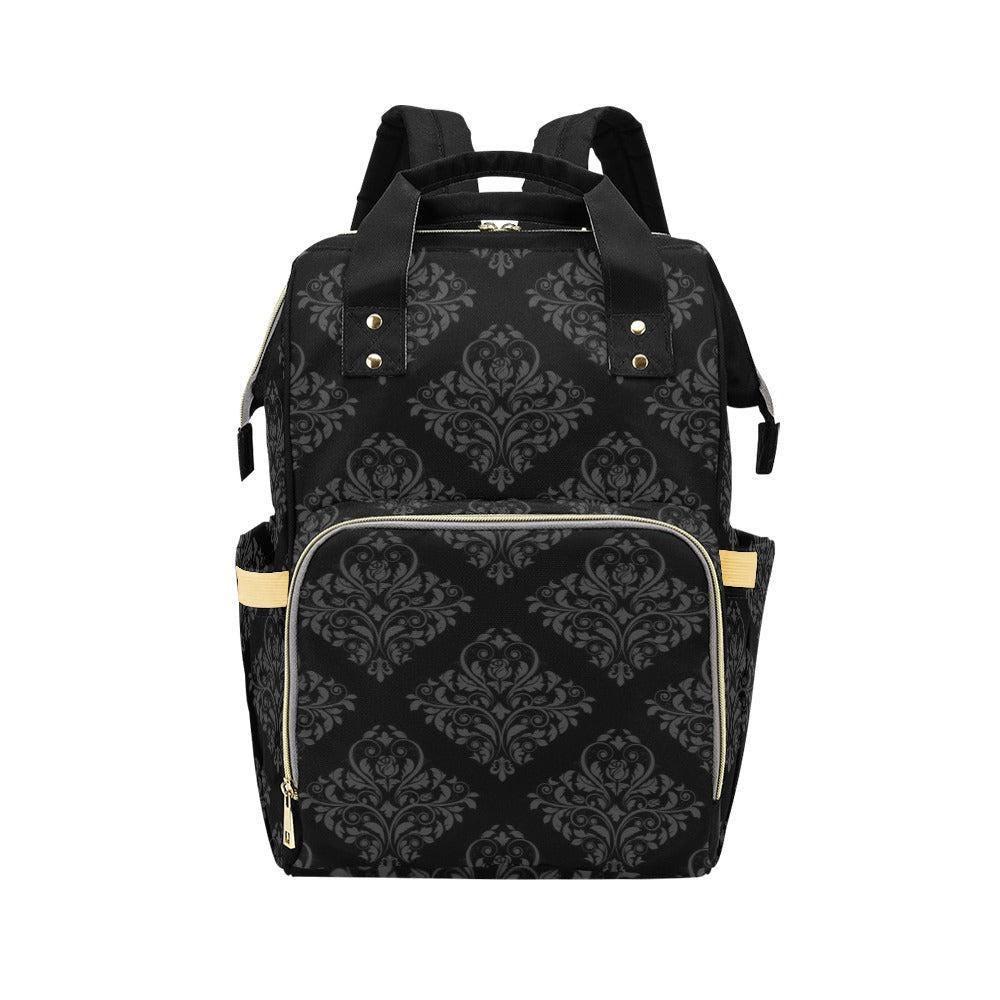 Black Damask Diaper Bag Backpack, Gothic Mom Backpack, Baby Travel Bag Organizer
