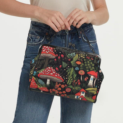 Enchanted mushroom print handbag, fairy forest clasp purse, woodland cottage shoulder bag