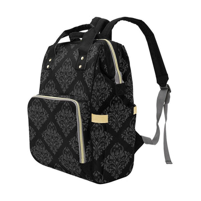 Black Damask Diaper Bag Backpack, Gothic Mom Backpack, Baby Travel Bag Organizer