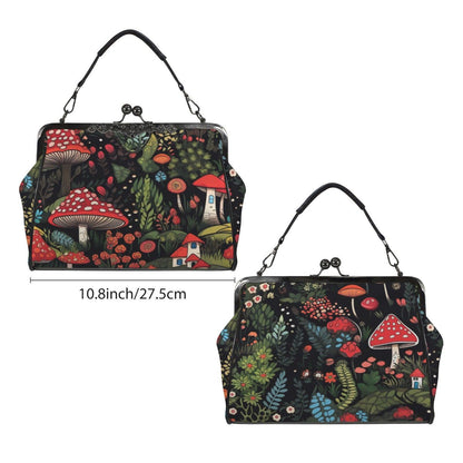Enchanted mushroom print handbag, fairy forest clasp purse, woodland cottage shoulder bag