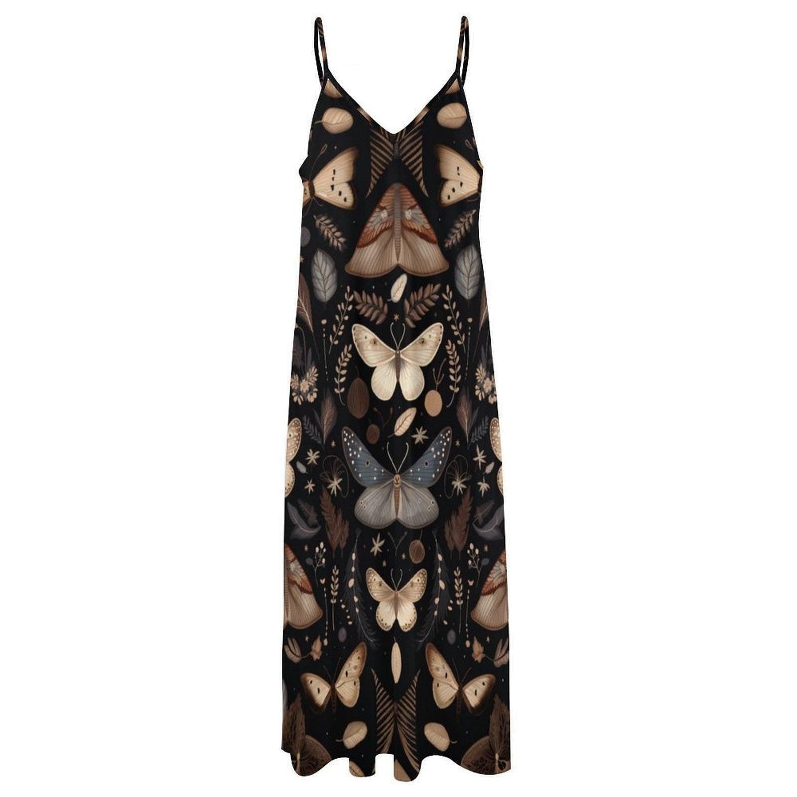 Moth print dress, Dark forest maxi, Vintage insect sundress, Cottagecore moth gown, Mystic pattern outfit, Boho nature style, Witchy dress
