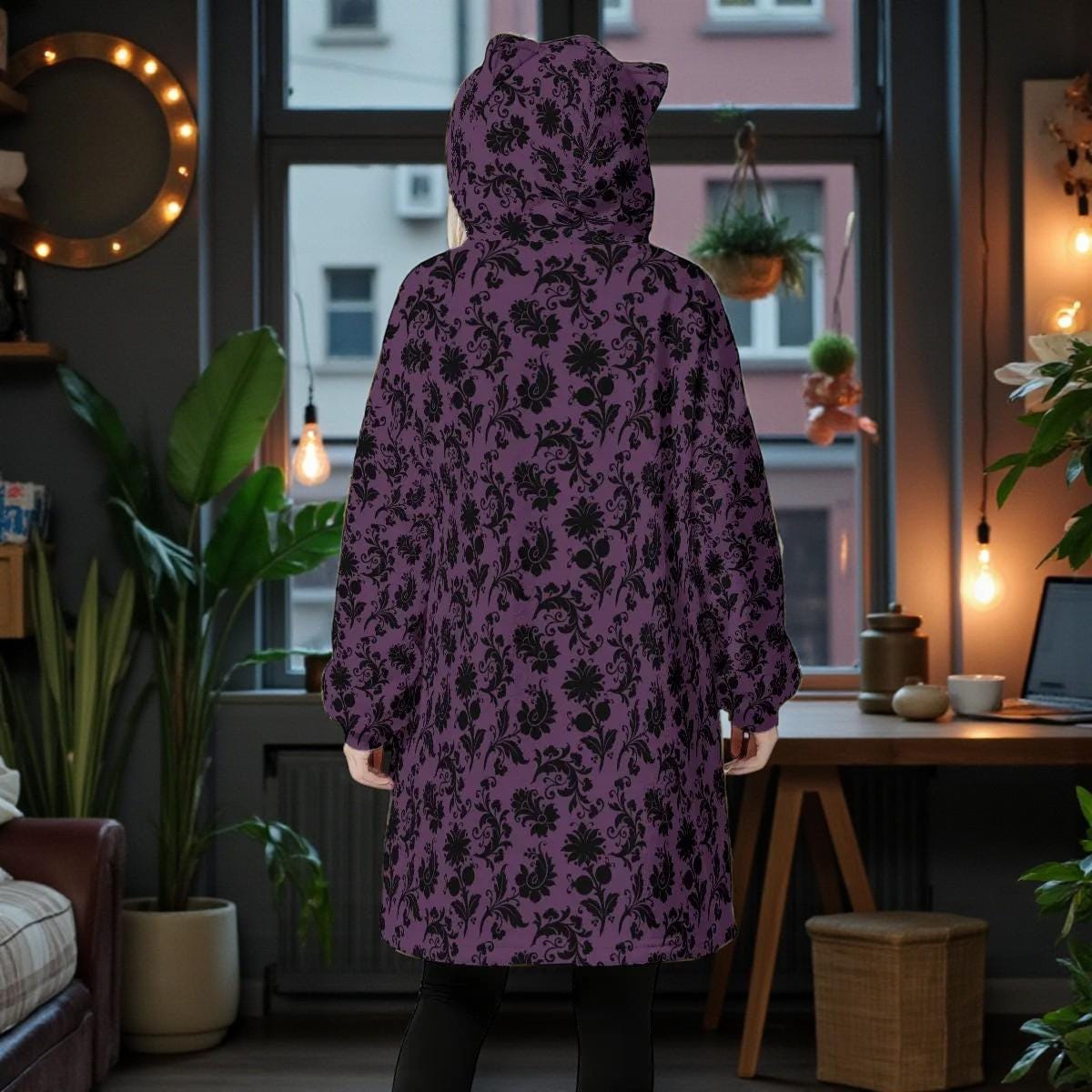 Purple Damask Print Blanket Hoodie