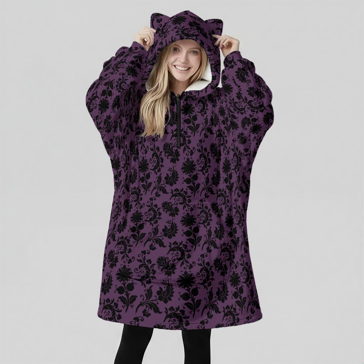 Purple Damask Print Blanket Hoodie