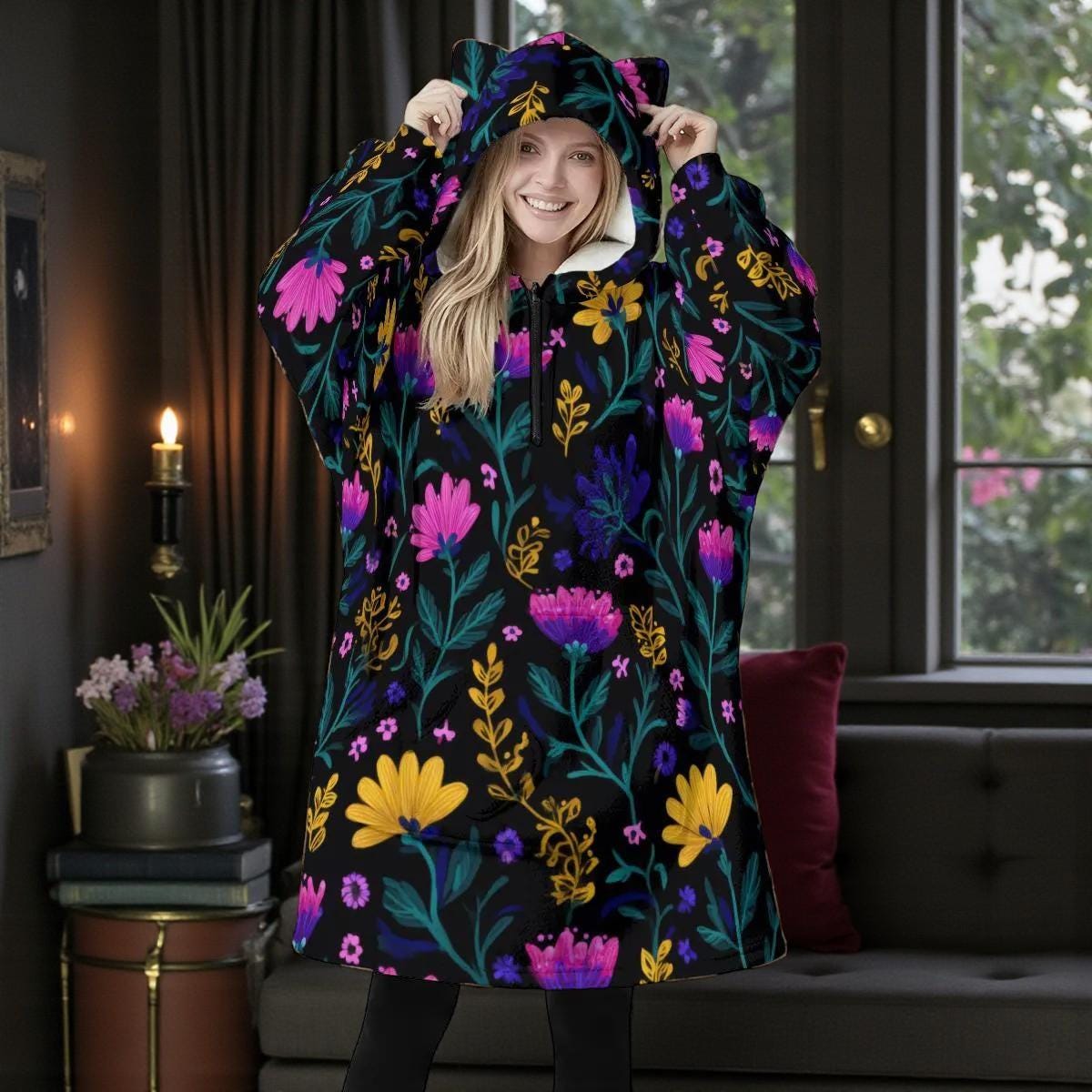 Dark Floral Blanket Hoodie