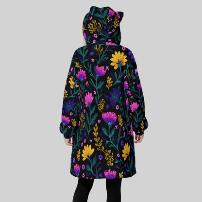 Wearable Blanket Hoodie, Dark Floral Oversized Sherpa Hooded Lounger for Women
