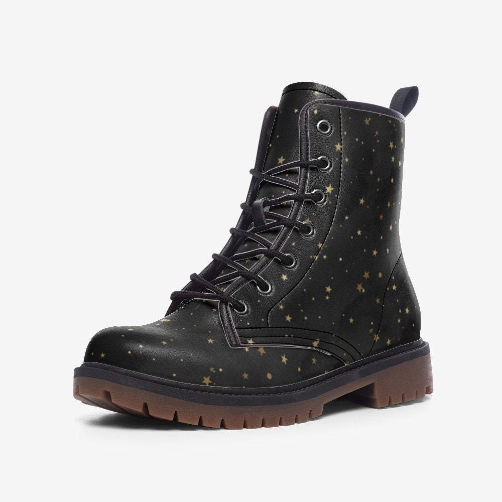 Black Celestial Combat Boots, Gold Star Vegan Boots, Festival Footwear