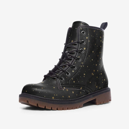 Black Celestial Combat Boots, Gold Star Vegan Boots, Festival Footwear