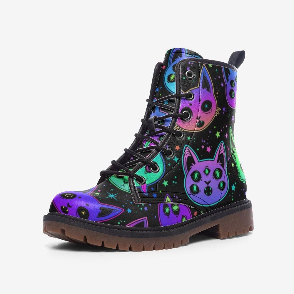 Cat Combat Boots, Neon Goth Lace Up Boots, Spooky Alt Platform Shoes