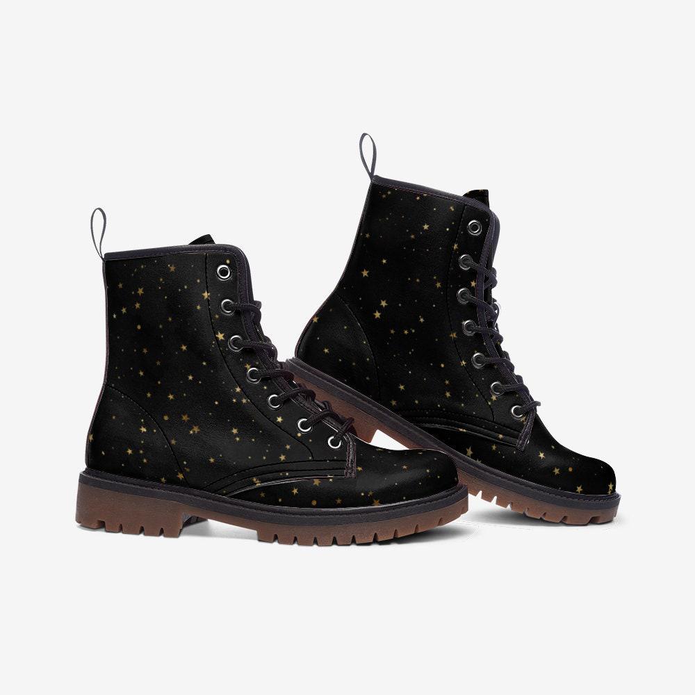 Vegan Black Combat Boots with Gold Stars