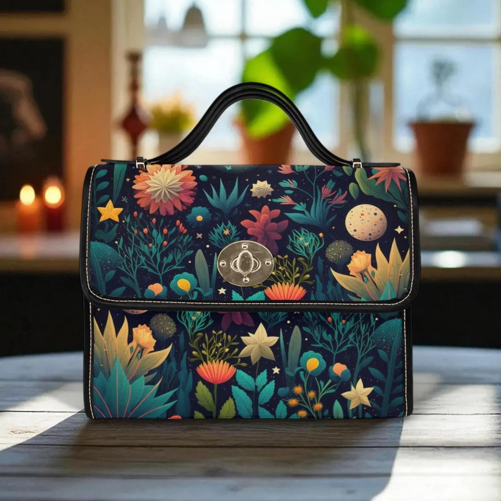 Celestial Botanical Handbag, Starry Night Floral Top Handle Purse