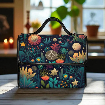 Celestial botanical handbag, starry night floral top handle purse, water-resistant, statement accessory