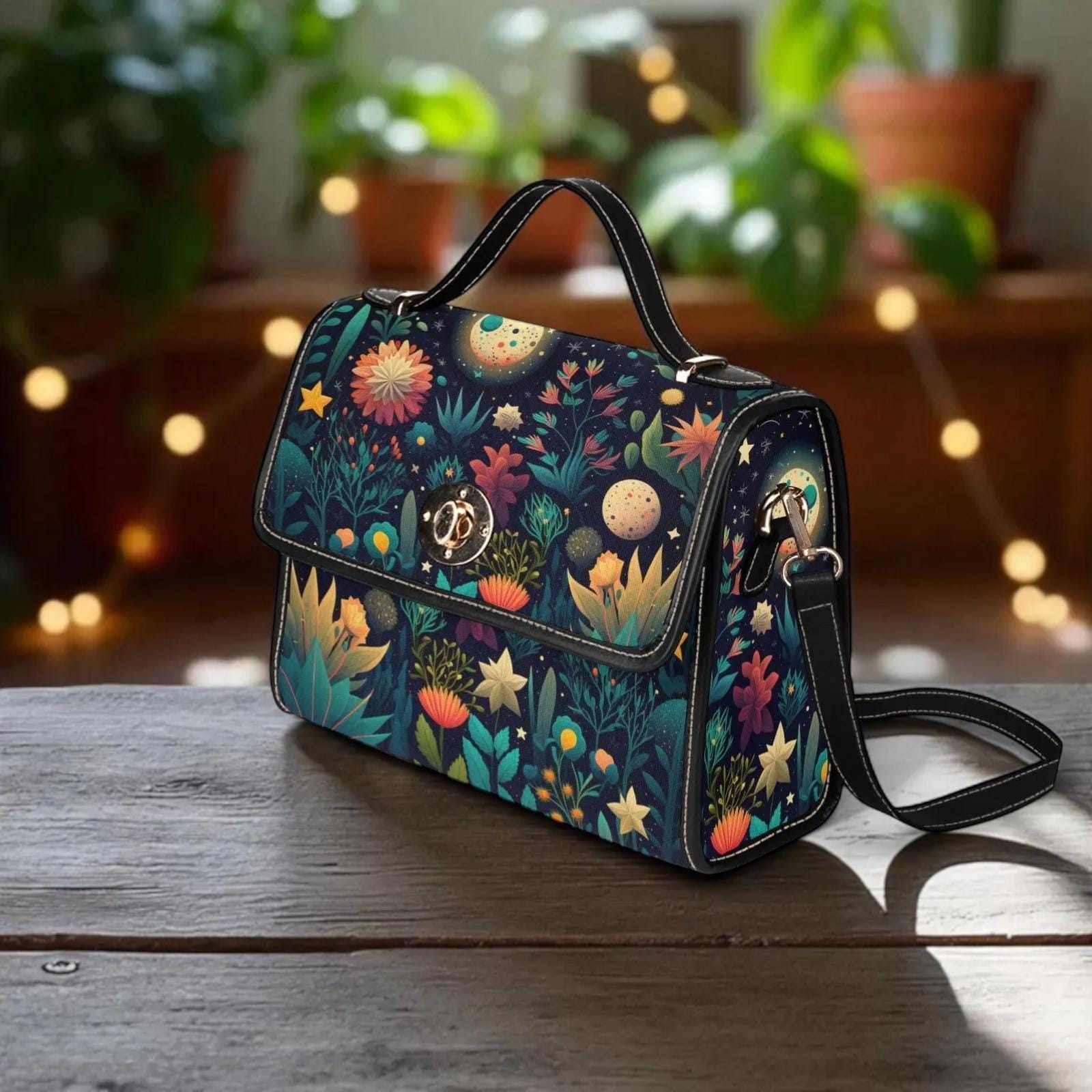 Celestial Botanical Handbag, Starry Night Floral Top Handle Purse