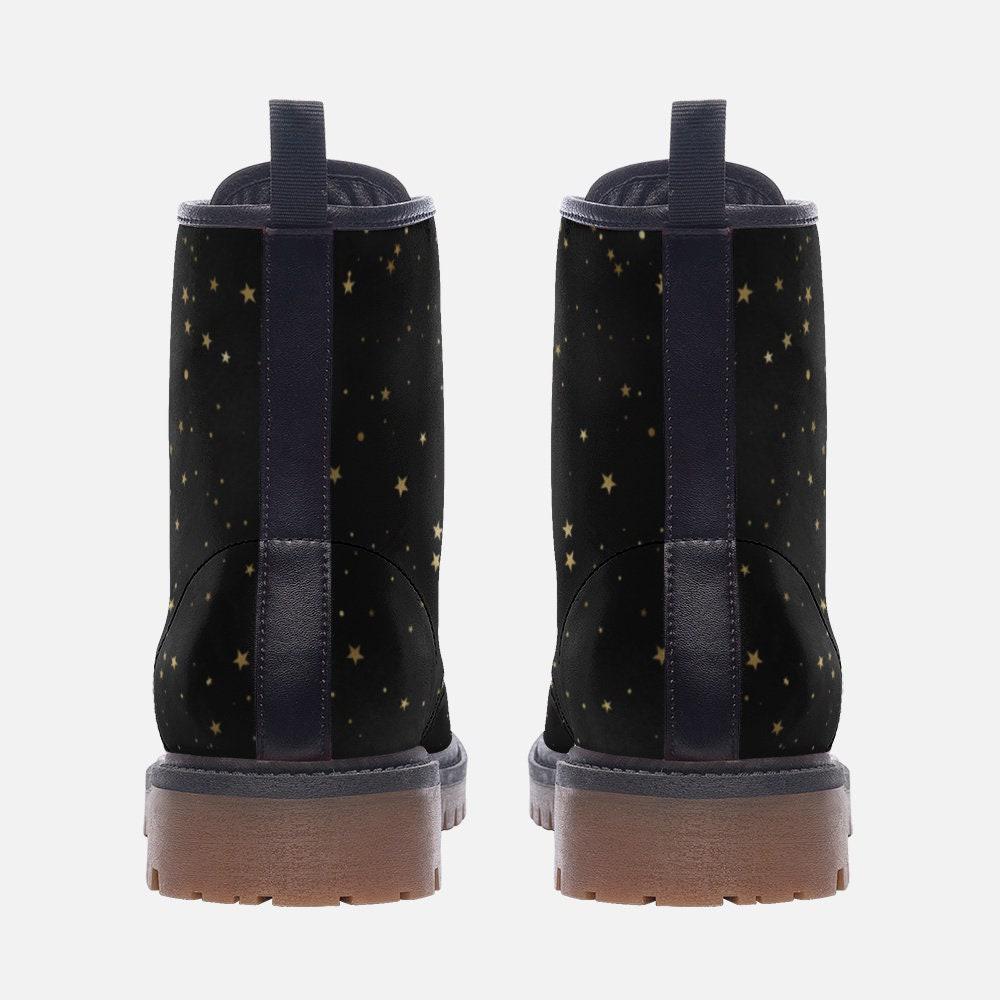 Vegan Black Combat Boots with Gold Stars