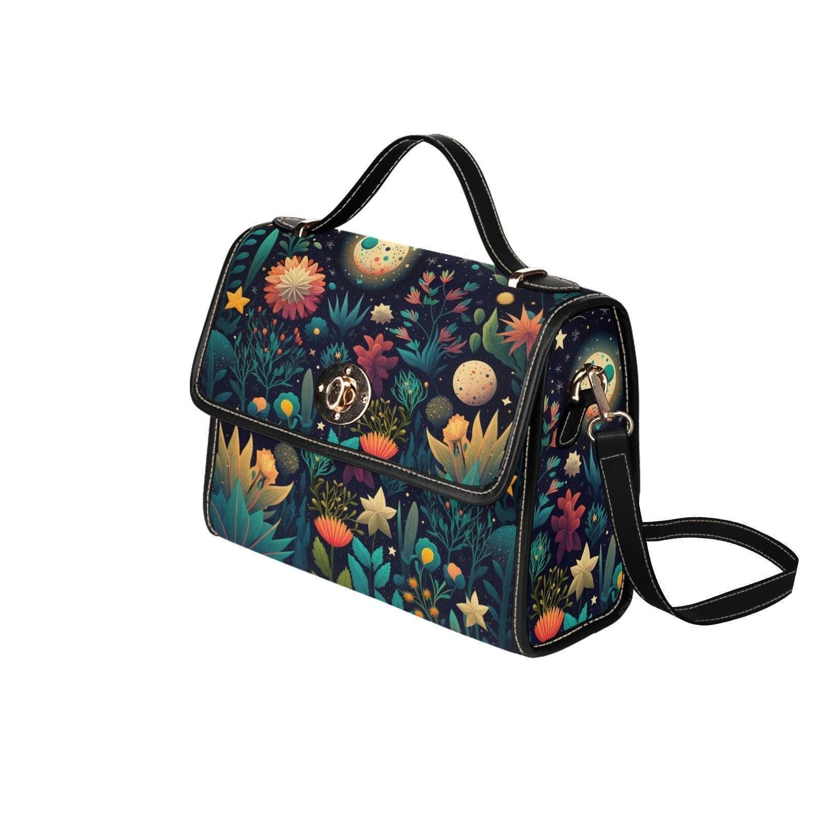 Celestial botanical handbag, starry night floral top handle purse, water-resistant, statement accessory