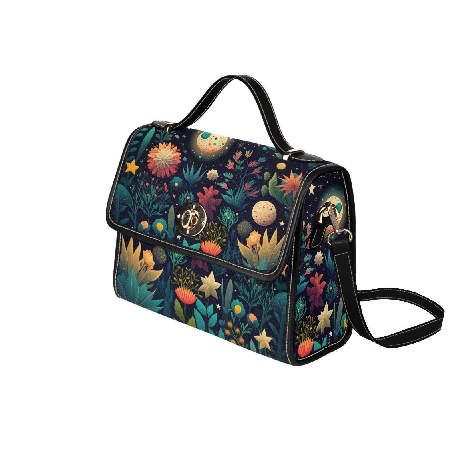 Celestial Botanical Handbag, Starry Night Floral Top Handle Purse