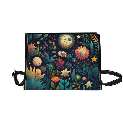 Celestial botanical handbag, starry night floral top handle purse, water-resistant, statement accessory