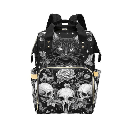 Goth Diaper Bag Backpack, Black Cat Baby Travel Bag, Skull Stroller Organizer
