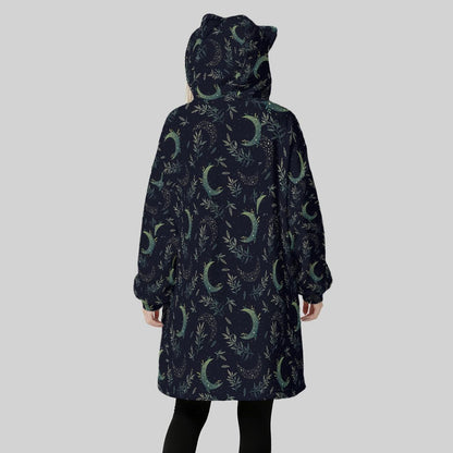 Oversized Celestial Moon Hoodie Blanket with Cat Ears, Witchy Forest Fleece Lounger