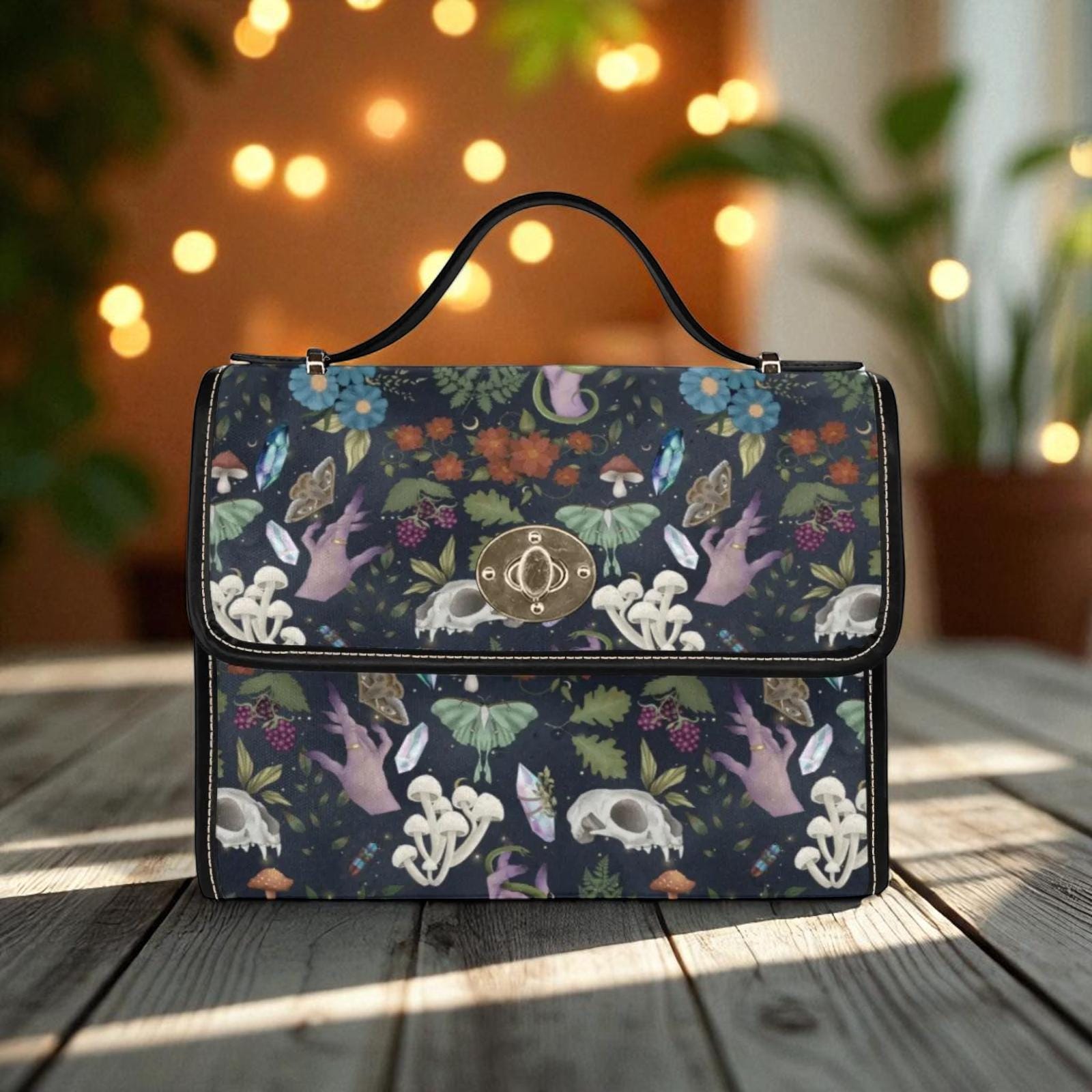 Mystical Forest Satchel Bag, Witchy Mushroom Handbag, Gothic Moth Purse, Cottagecore Enchanted Bag