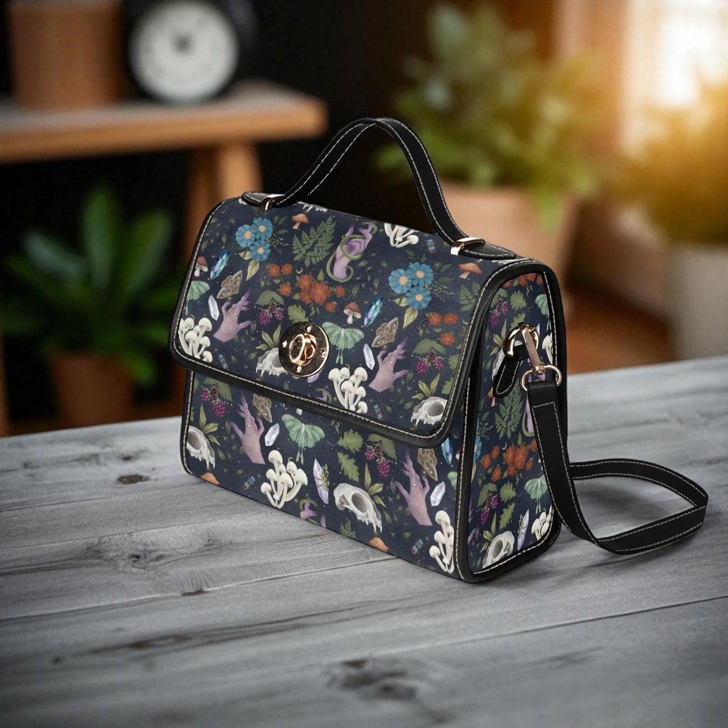 Mystical Forest Satchel Bag, Witchy Mushroom Handbag, Gothic Moth Purse