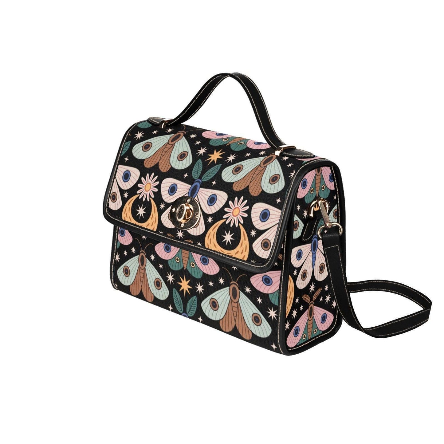 Celestial Moth Top Handle Purse, Moon Star Handbag, Witchy Art Nouveau Statement Bag