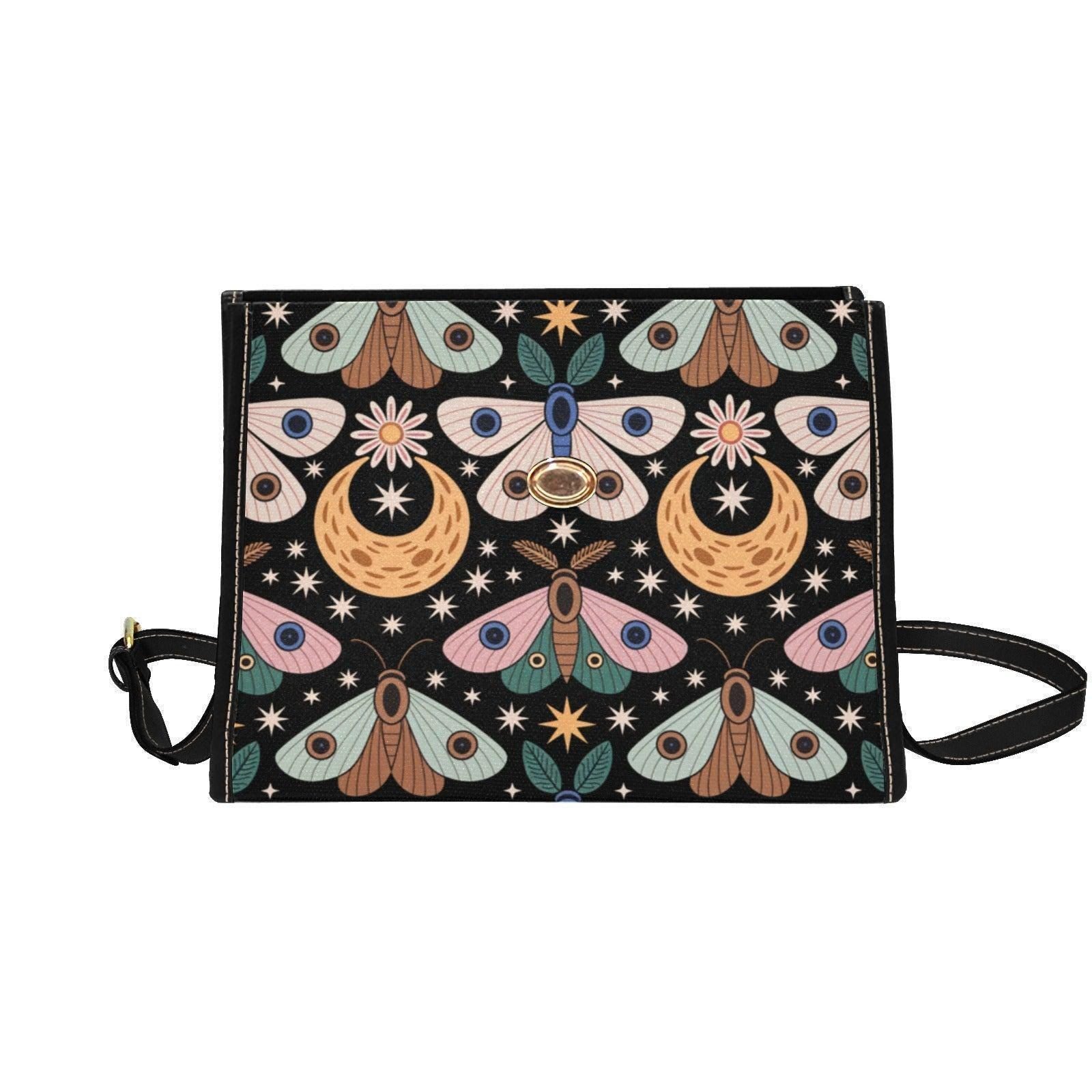 Celestial Moth Top Handle Purse, Moon Star Handbag, Witchy Art Nouveau Statement Bag