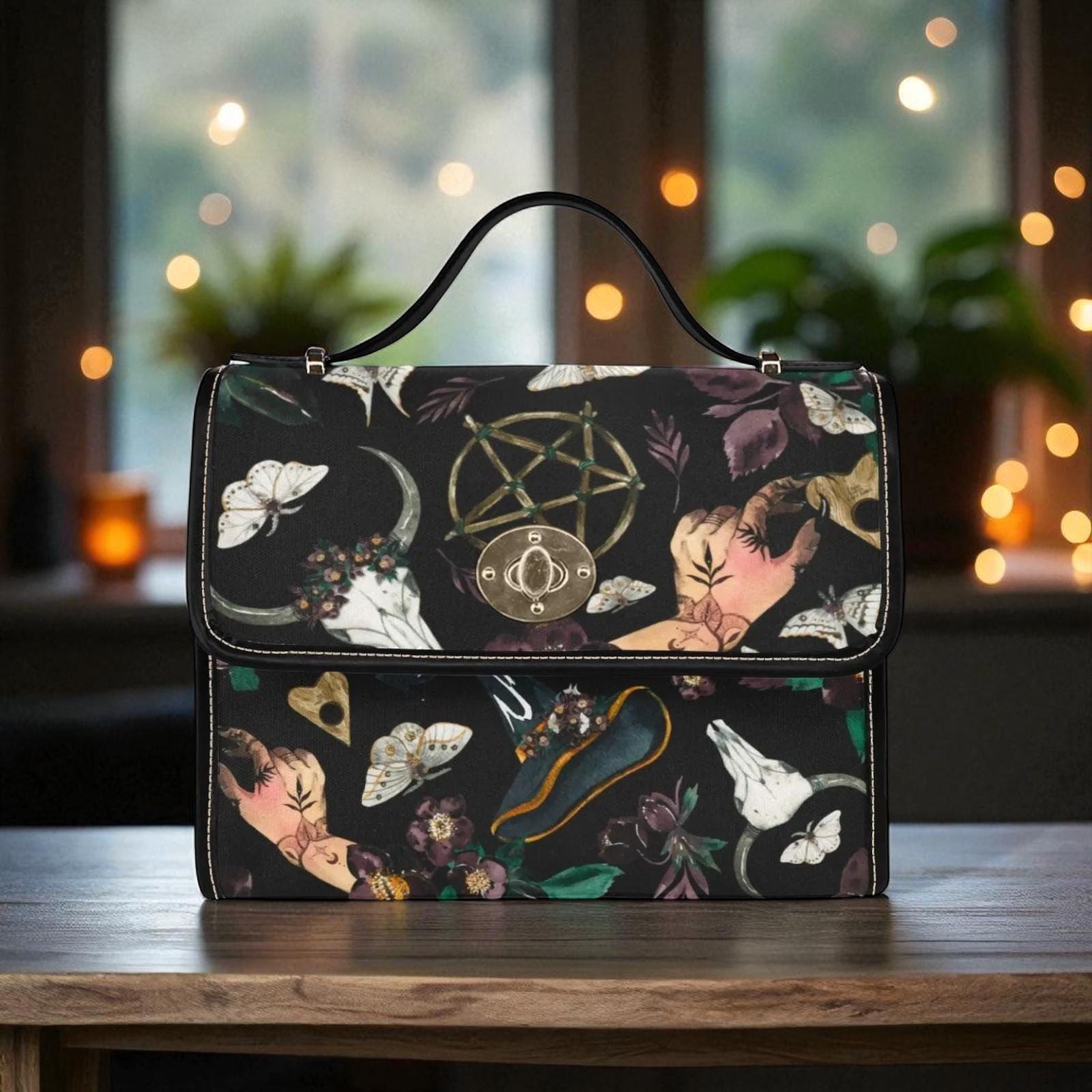 Witchy Occult Satchel Bag, Pentagram Handbag, Gothic Moth Purse