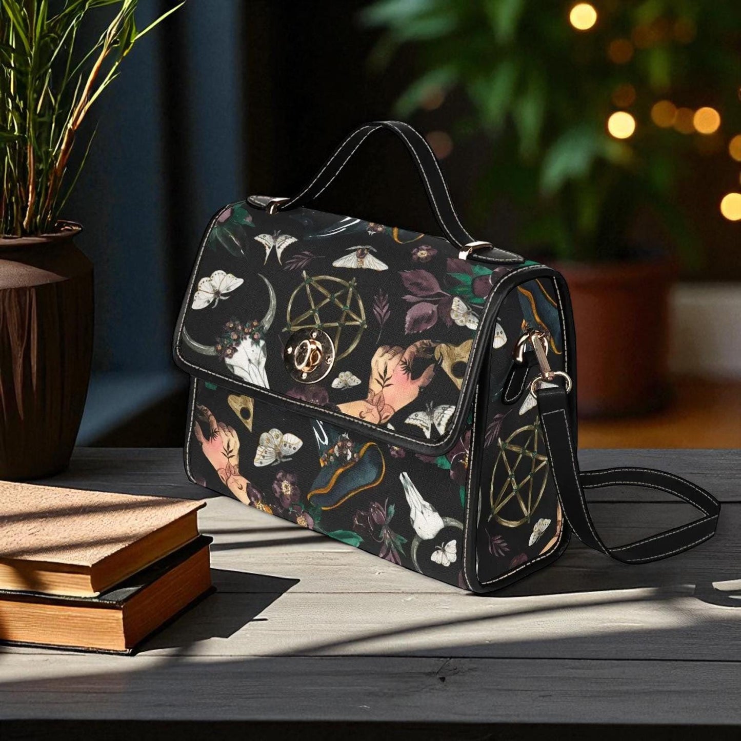 Witchy Occult Satchel Bag, Pentagram Handbag, Gothic Moth Purse