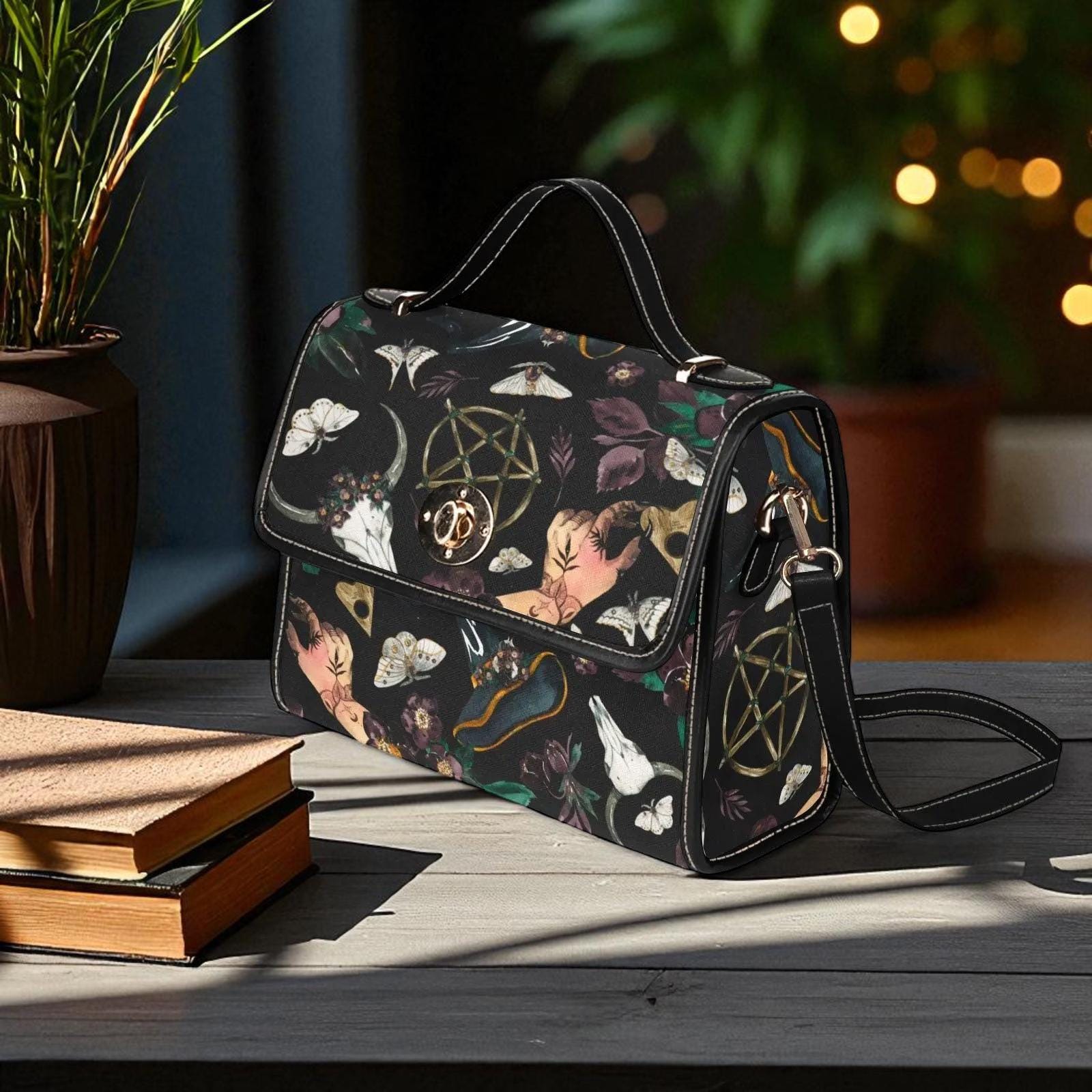 Witchy Occult Satchel Bag, Pentagram Handbag, Gothic Moth Purse