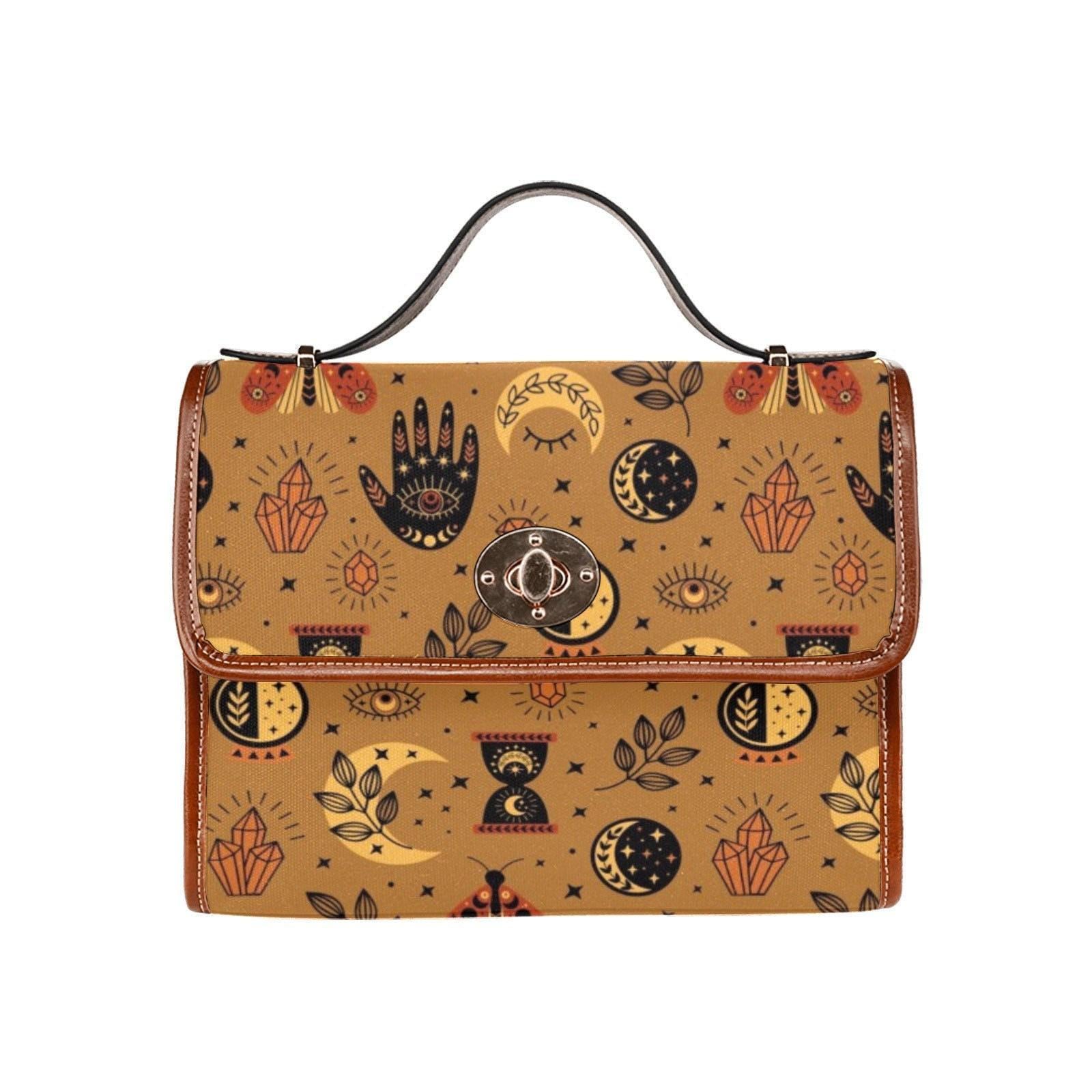 Mystic symbols purse, boho witchy bag with palm hand print, celestial crossbody bag, vintage brown witch purse, spooky goth girl gift