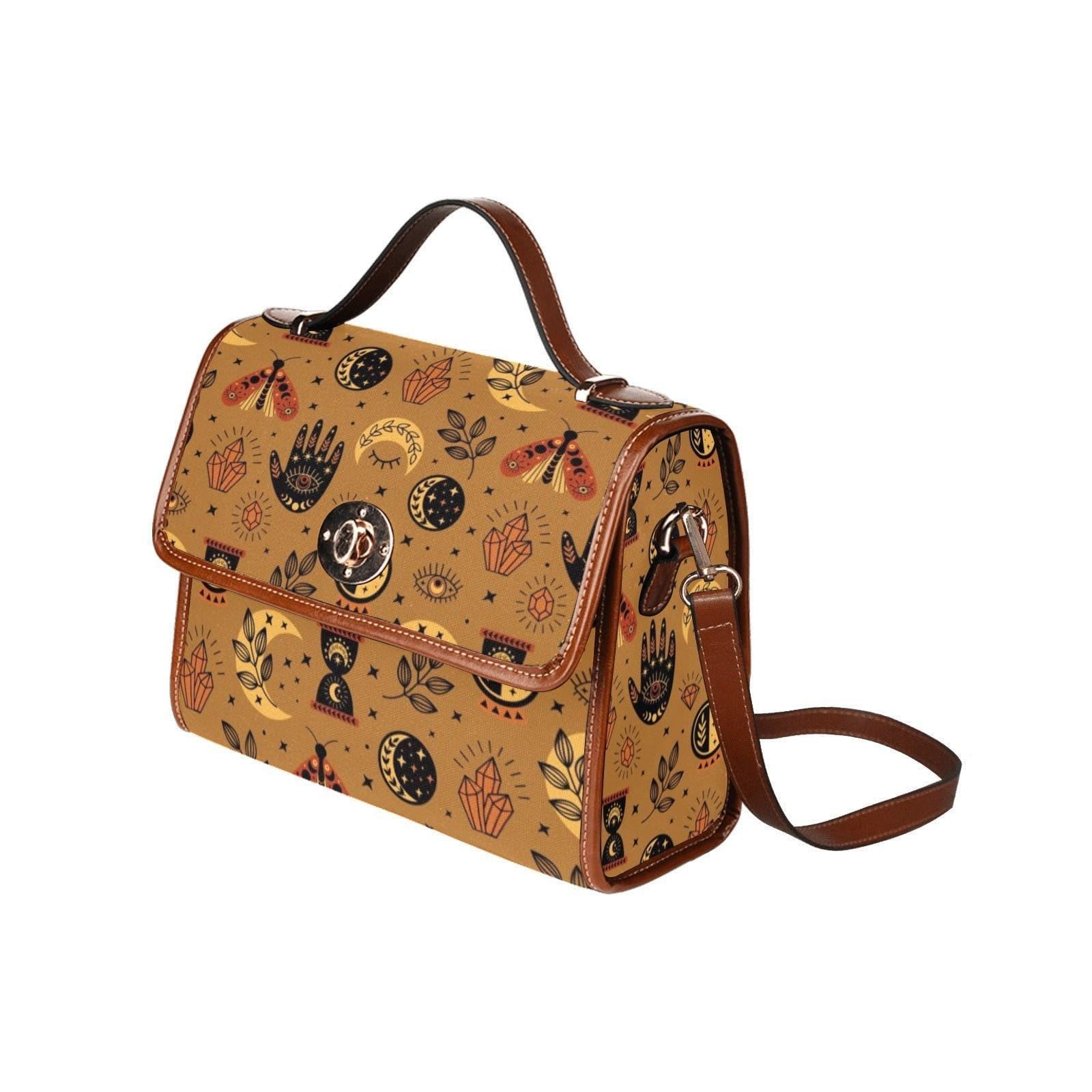 Mystic symbols purse, boho witchy bag with palm hand print, celestial crossbody bag, vintage brown witch purse, spooky goth girl gift