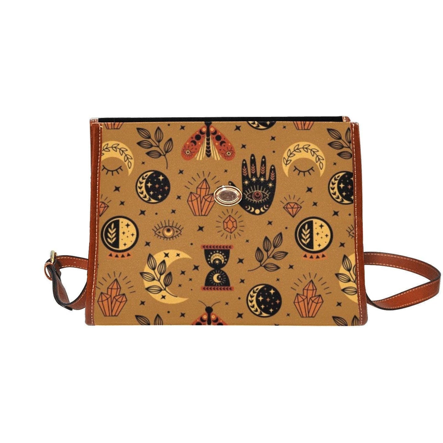 Mystic symbols purse, boho witchy bag with palm hand print, celestial crossbody bag, vintage brown witch purse, spooky goth girl gift