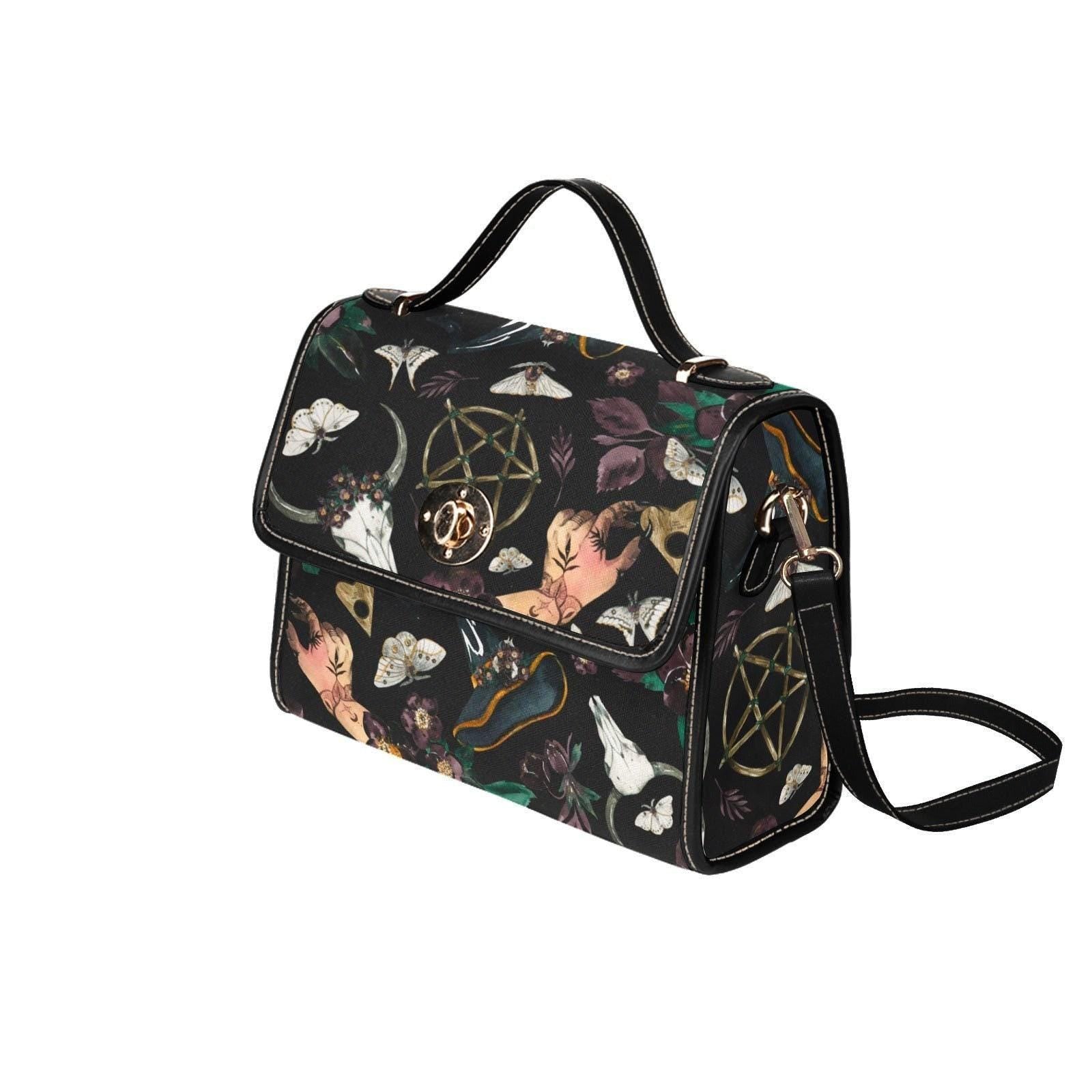 Witchy Occult Satchel Bag, Pentagram Handbag, Gothic Moth Purse