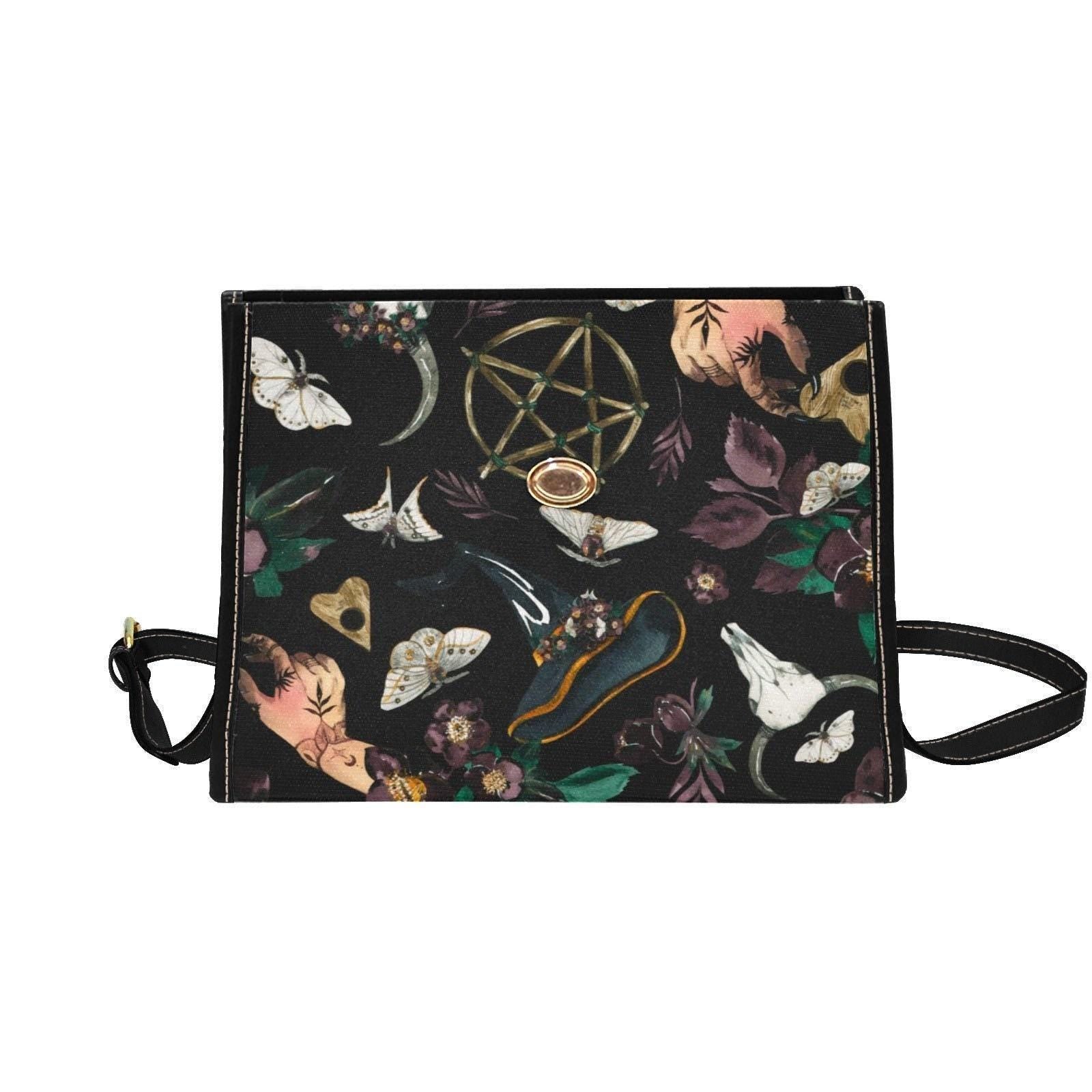 Witchy Occult Satchel Bag, Gothic Moth Handbag, Pentagram Skull Purse, Dark Charm Everyday Bag