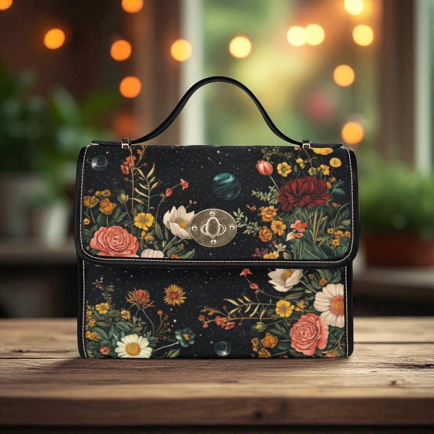 Celestial Floral Satchel Bag, Dark Botanical Top Handle Purse, Moon Garden Handbag