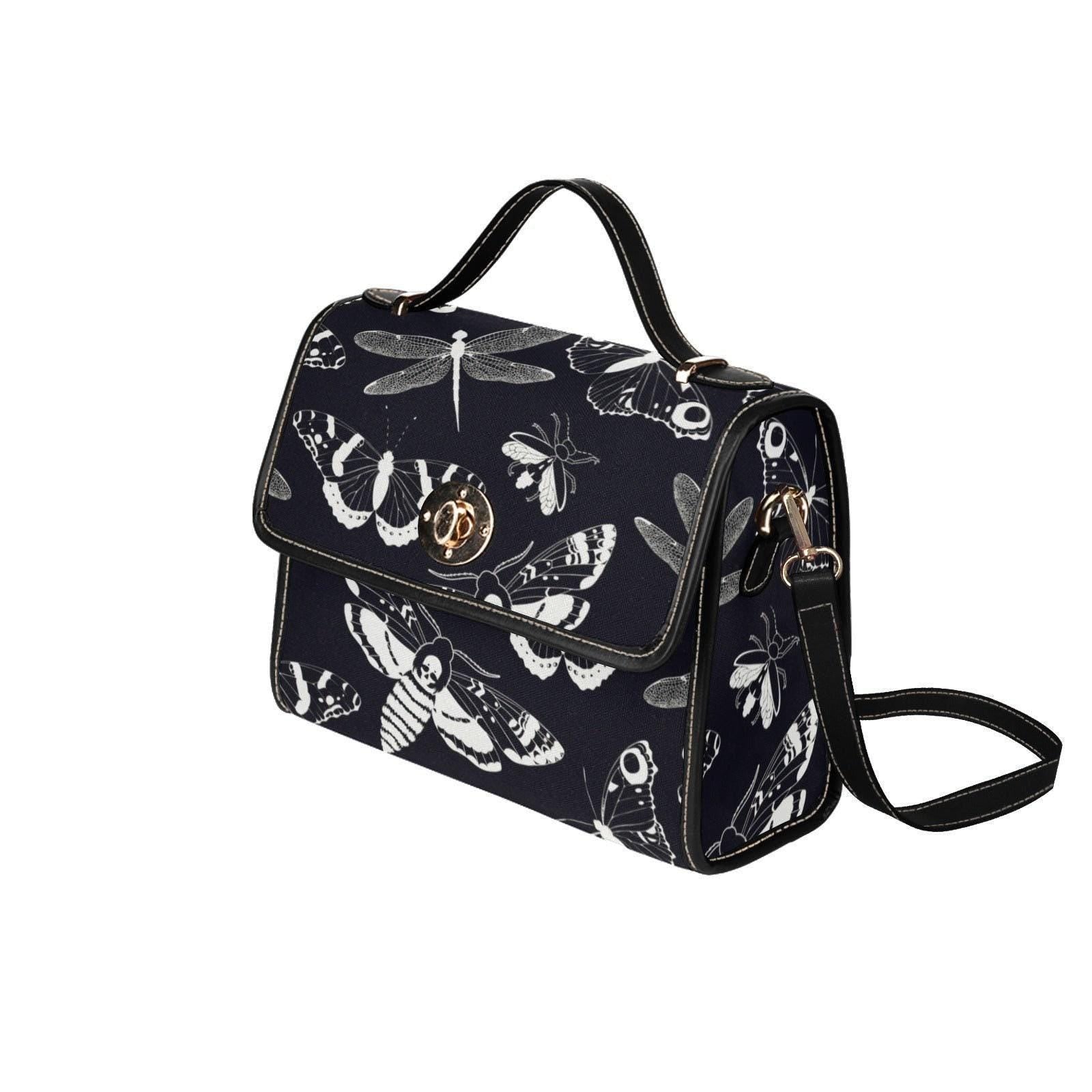 Gothic Moth Print Crossbody Bag, Witchcore Insect Purse, Dark Bug Handbag, Monochrome Moth Bag