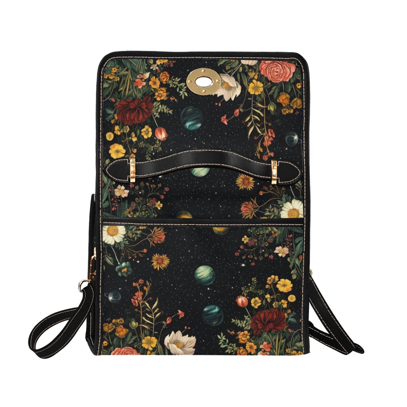 Celestial Floral Satchel Bag, Dark Botanical Top Handle Purse, Moon Garden Handbag
